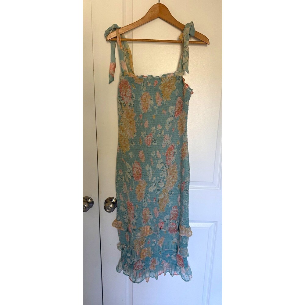 Abercrombie & fitch floral  Smocked Ruffle  Midi dress L tall Blue Pink